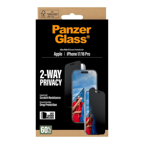 UWF 2-Way Privacy edzett üveg Fastfit applikátorral iPhone 17/16 Pro készülékhez, Fekete, PanzerGlass