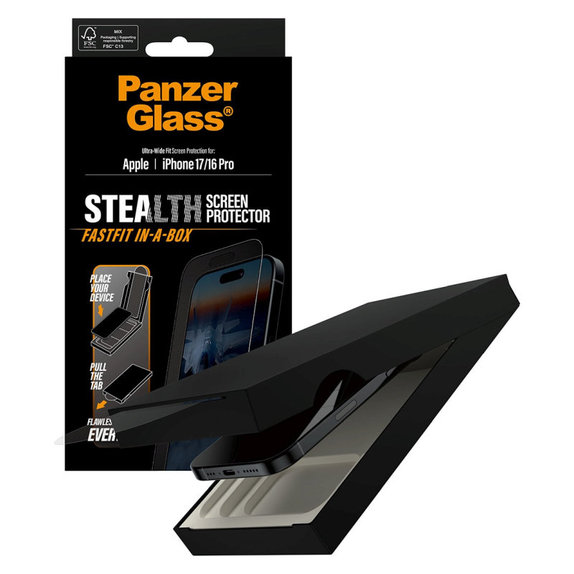Edzett üveg UWF Stealth Fastfit rendszerrel iPhone 17/16 Pro készülékhez, Fekete, PanzerGlass