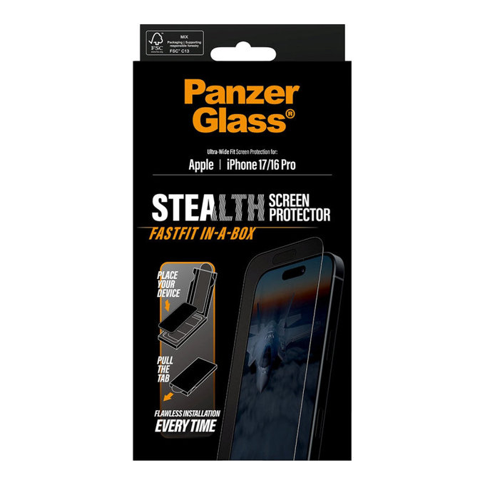 Edzett üveg UWF Stealth Fastfit rendszerrel iPhone 17/16 Pro készülékhez, Fekete, PanzerGlass