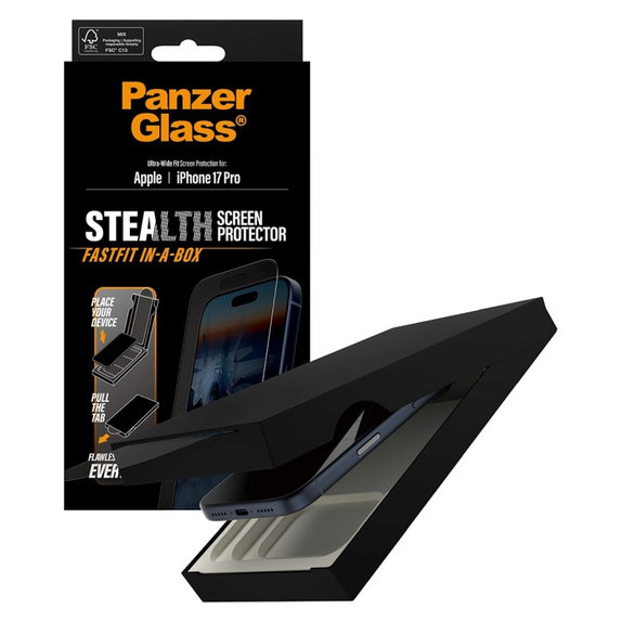 Edzett üveg UWF Stealth Fastfit rendszerrel iPhone 17 Pro készülékhez, Fekete, PanzerGlass