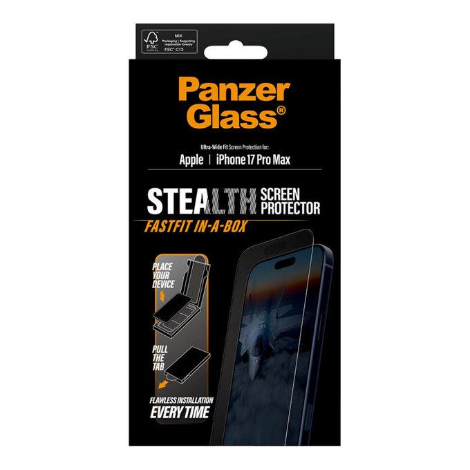 Edzett üveg UWF Stealth Fastfit rendszerrel iPhone 17 Pro Max készülékhez, Fekete, PanzerGlass