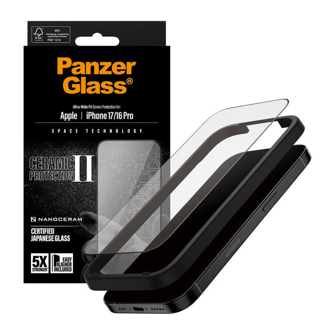 UWF Ceramic II edzett üveg Fastfit applikátorral iPhone 17/16 Pro készülékhez, Fekete, PanzerGlass