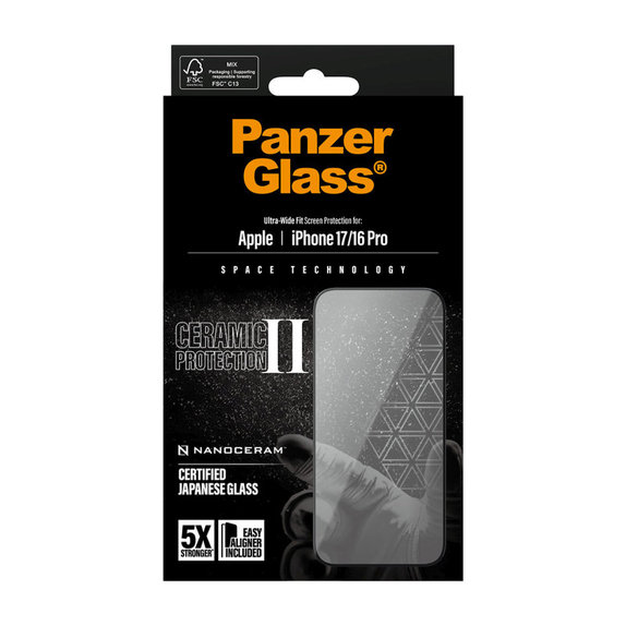 UWF Ceramic II edzett üveg Fastfit applikátorral iPhone 17/16 Pro készülékhez, Fekete, PanzerGlass