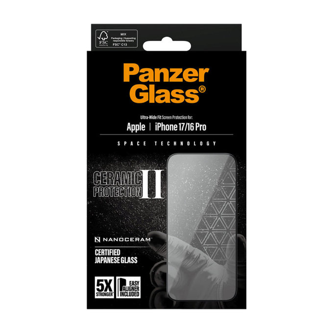 UWF Ceramic II edzett üveg Fastfit applikátorral iPhone 17/16 Pro készülékhez, Fekete, PanzerGlass