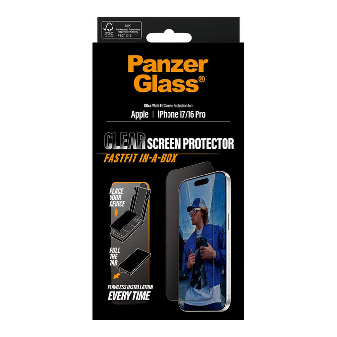 UWF edzett üveg Fastfit applikátorral iPhone 17/16 Pro készülékhez, Fekete, PanzerGlass
