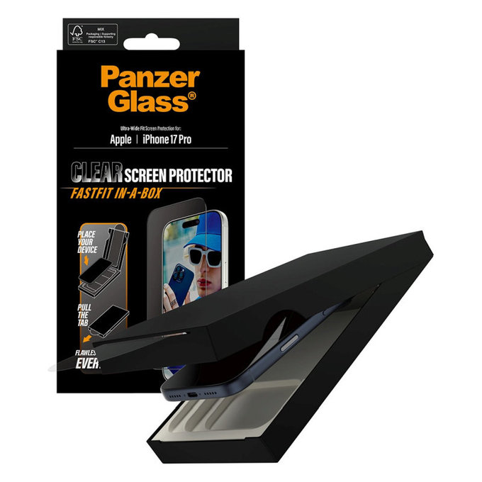 UWF edzett üveg Fastfit applikátorral iPhone 17 Pro készülékhez, Fekete, PanzerGlass