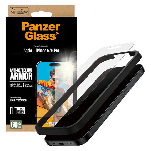 Edzett üveg Anti-Reflective applikátorral iPhone 17/16 Pro készülékhez, Fekete, PanzerGlass