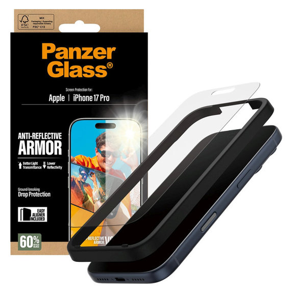 Edzett üveg Anti-Reflective applikátorral iPhone 17 Pro készülékhez, Fekete, PanzerGlass