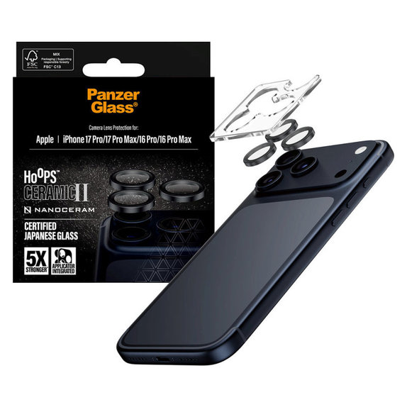 Objektívlencse védő Hoops Ceramic II iPhone 17 Pro Max/17 Pro/16 Pro Max/16 Pro, fekete, PanzerGlass