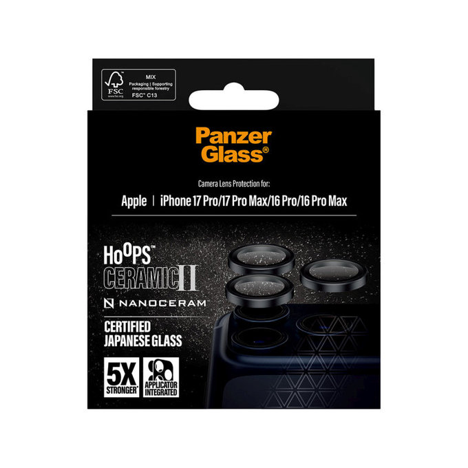 Objektívlencse védő Hoops Ceramic II iPhone 17 Pro Max/17 Pro/16 Pro Max/16 Pro, fekete, PanzerGlass