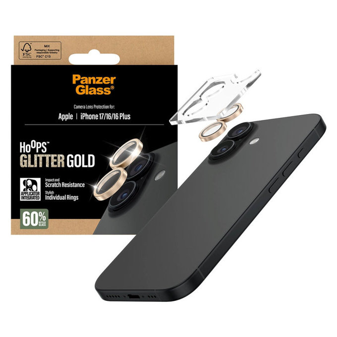 Hoops Kameralencse-védő iPhone 17/16 Plus/16 készülékhez, Glitter Gold, PanzerGlass