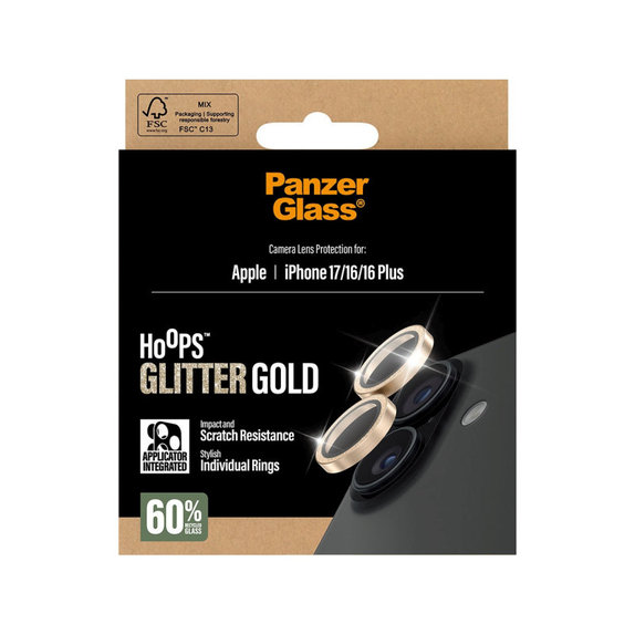 Hoops Kameralencse-védő iPhone 17/16 Plus/16 készülékhez, Glitter Gold, PanzerGlass