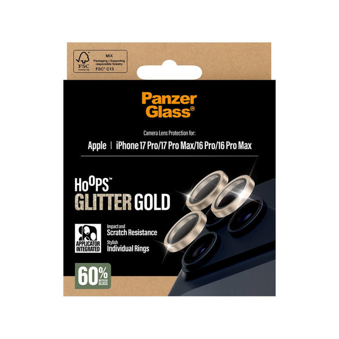 Hoops Kameralencse-védő iPhone 17 Pro Max/17 Pro/16 Pro Max/16 Pro készülékhez, Glitter Gold, PanzerGlass