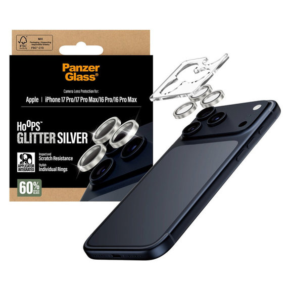 Hoops Kameralencse-védő iPhone 17 Pro Max/17 Pro/16 Pro Max/16 Pro készülékhez, Glitter Silver, PanzerGlass