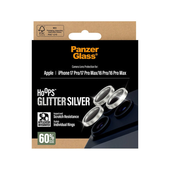 Hoops Kameralencse-védő iPhone 17 Pro Max/17 Pro/16 Pro Max/16 Pro készülékhez, Glitter Silver, PanzerGlass