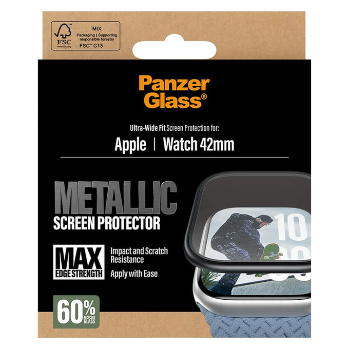 Edzett üveg UWF METALLIC Apple Watch 11/10 42 mm készülékhez, Fekete, PanzerGlass