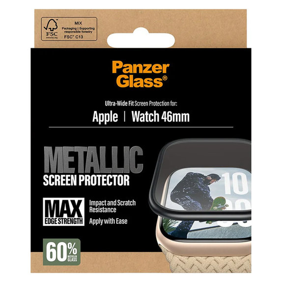 Edzett üveg UWF METALLIC Apple Watch 11/10 46 mm készülékhez, Fekete, PanzerGlass