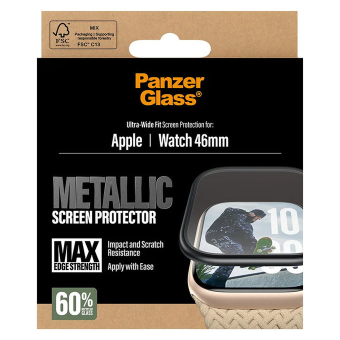Edzett üveg UWF METALLIC Apple Watch 11/10 46 mm készülékhez, Fekete, PanzerGlass