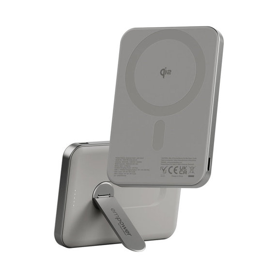 Vezeték nélküli PowerBank 5000 mAh, forgatható állvánnyal 20 W, MagSafe-kompatibilis, Qi2/USB-C, Titán, empower