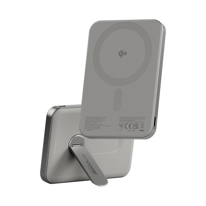 Vezeték nélküli PowerBank 5000 mAh, forgatható állvánnyal 20 W, MagSafe-kompatibilis, Qi2/USB-C, Titán, empower
