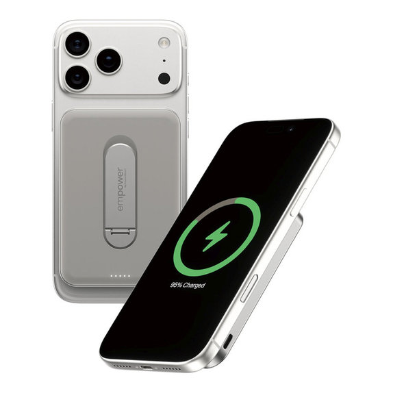Vezeték nélküli PowerBank 5000 mAh, forgatható állvánnyal 20 W, MagSafe-kompatibilis, Qi2/USB-C, Titán, empower