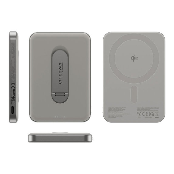 Vezeték nélküli PowerBank 5000 mAh, forgatható állvánnyal 20 W, MagSafe-kompatibilis, Qi2/USB-C, Titán, empower