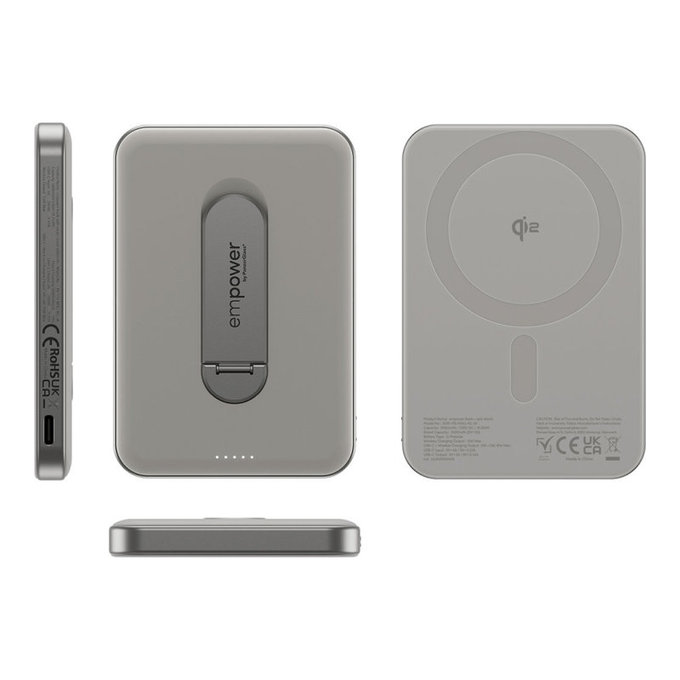 Vezeték nélküli PowerBank 5000 mAh, forgatható állvánnyal 20 W, MagSafe-kompatibilis, Qi2/USB-C, Titán, empower
