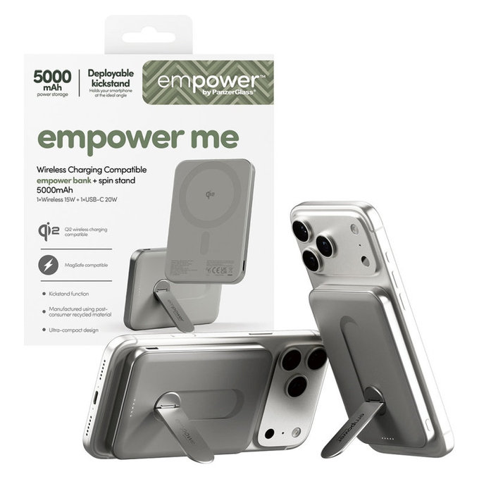 Vezeték nélküli PowerBank 5000 mAh, forgatható állvánnyal 20 W, MagSafe-kompatibilis, Qi2/USB-C, Titán, empower