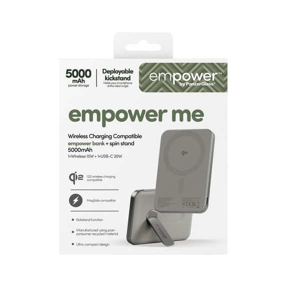Vezeték nélküli PowerBank 5000 mAh, forgatható állvánnyal 20 W, MagSafe-kompatibilis, Qi2/USB-C, Titán, empower