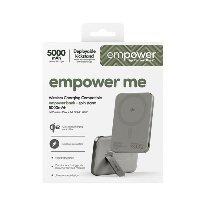 Vezeték nélküli PowerBank 5000 mAh, forgatható állvánnyal 20 W, MagSafe-kompatibilis, Qi2/USB-C, Titán, empower