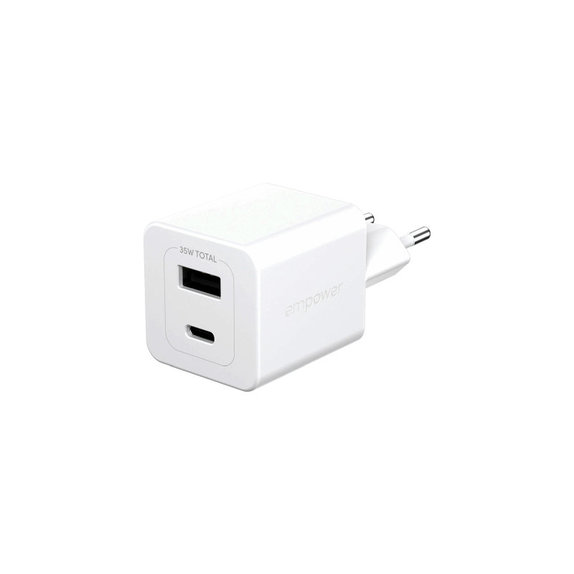 Utazóadapter Grand Prix USB-C/USB-A, GaN, 35 W PD, ezüst-fehér, empower