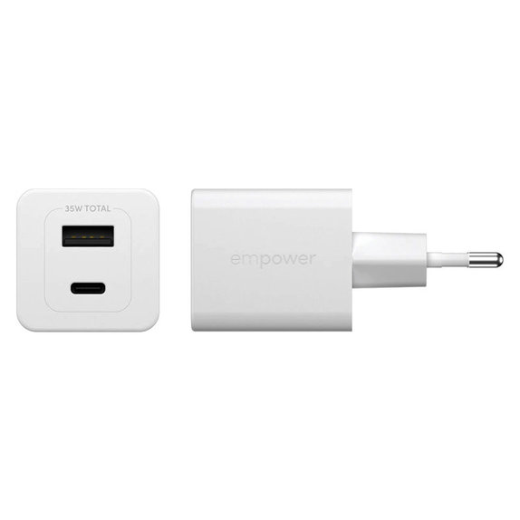 Utazóadapter Grand Prix USB-C/USB-A, GaN, 35 W PD, ezüst-fehér, empower