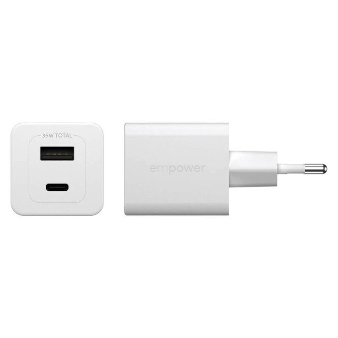 Utazóadapter Grand Prix USB-C/USB-A, GaN, 35 W PD, ezüst-fehér, empower