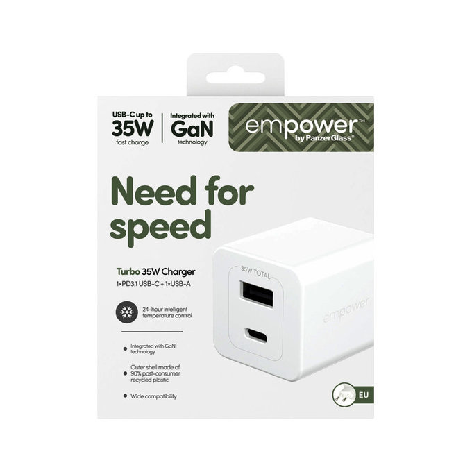 Utazóadapter Grand Prix USB-C/USB-A, GaN, 35 W PD, ezüst-fehér, empower