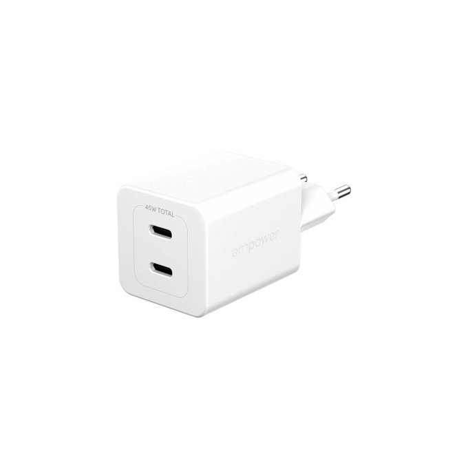 Utazóadapter Grand Prix 2x USB-C, GaN, 45 W PD, Ezüst-fehér, empower