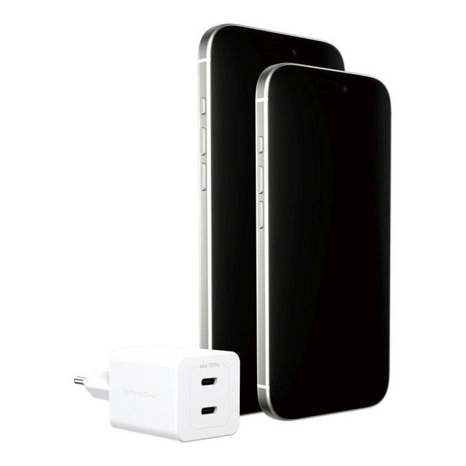 Utazóadapter Grand Prix 2x USB-C, GaN, 45 W PD, Ezüst-fehér, empower