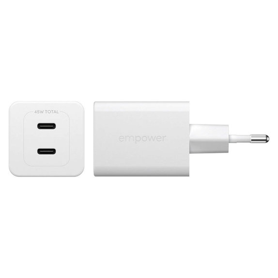 Utazóadapter Grand Prix 2x USB-C, GaN, 45 W PD, Ezüst-fehér, empower