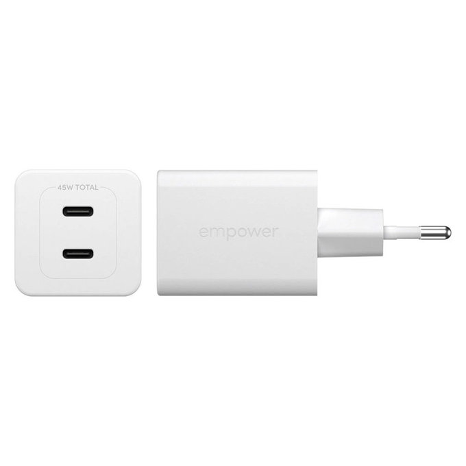 Utazóadapter Grand Prix 2x USB-C, GaN, 45 W PD, Ezüst-fehér, empower