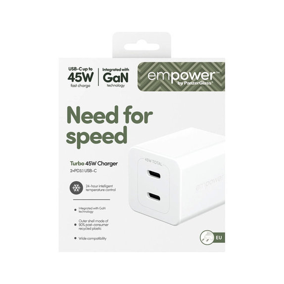 Utazóadapter Grand Prix 2x USB-C, GaN, 45 W PD, Ezüst-fehér, empower