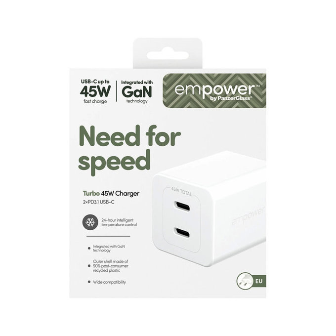 Utazóadapter Grand Prix 2x USB-C, GaN, 45 W PD, Ezüst-fehér, empower