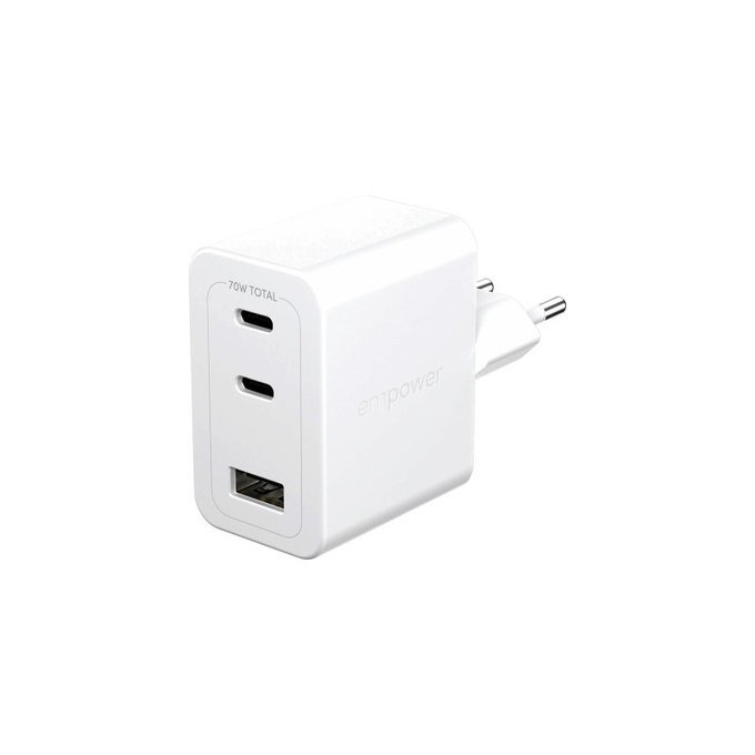 Utazóadapter Grand Prix 2x USB-C/USB-A, GaN, 70 W PD, Ezüst-fehér, empower