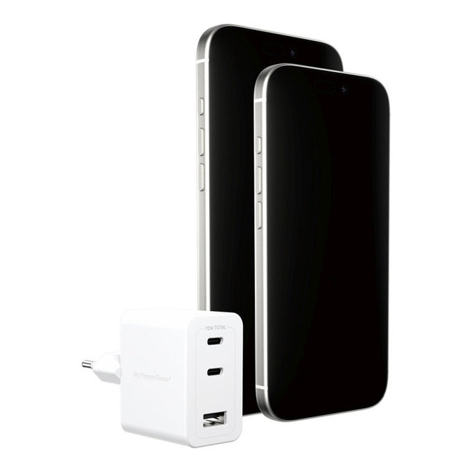 Utazóadapter Grand Prix 2x USB-C/USB-A, GaN, 70 W PD, Ezüst-fehér, empower