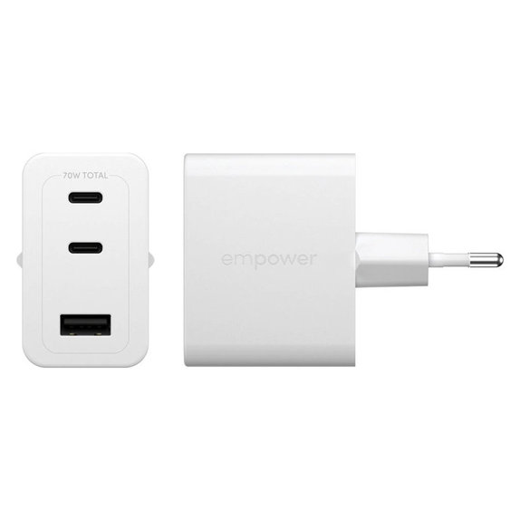 Utazóadapter Grand Prix 2x USB-C/USB-A, GaN, 70 W PD, Ezüst-fehér, empower