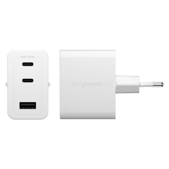 Utazóadapter Grand Prix 2x USB-C/USB-A, GaN, 70 W PD, Ezüst-fehér, empower