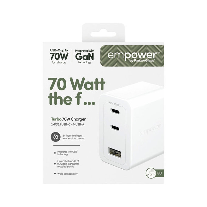 Utazóadapter Grand Prix 2x USB-C/USB-A, GaN, 70 W PD, Ezüst-fehér, empower