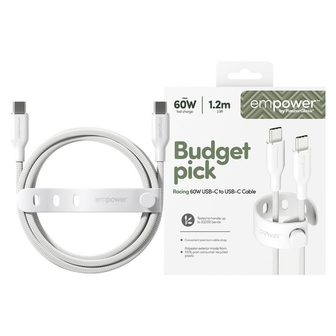 USB-C kábel, 60 W, Racing, 1,2 m, ezüst-fehér, empower