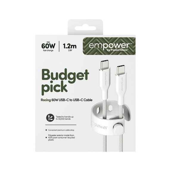 USB-C kábel, 60 W, Racing, 1,2 m, ezüst-fehér, empower