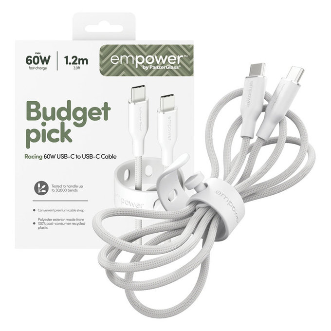 USB-C kábel, 60 W, Racing, 1,2 m, ezüst-fehér, empower