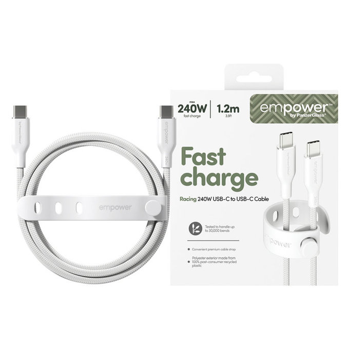 USB-C kábel, 240 W, Racing, 1,2 m, ezüst-fehér, empower