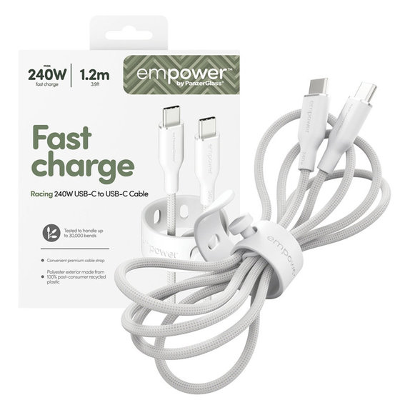 USB-C kábel, 240 W, Racing, 1,2 m, ezüst-fehér, empower
